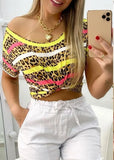 Leopard Print Stripes Crewneck Short Sleeve