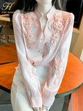 Han Queen Spring Basic Office Lady Blusa Embroidery Sweet Vintage Tops Elegant Chiffon Women Blouses Loose Casual Shirts-Outfit