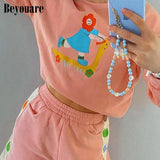 Cute Sweet Cartoon Embroidered Sweatshirts Kawaii Girl Cotton 2021 O Neck Long Sleeve Loose Women Pullover Autumn