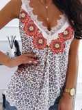 T-shirts Mandala Leopard Lace Splicing Tank Top Panel Vest Casual Hollow Out Tops Sexy V-Neck Blusas Mujer De Moda