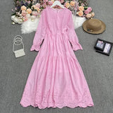 New Spring Fashion All-match O-neck long sleeve Dress high waist slim hollow out lace solid