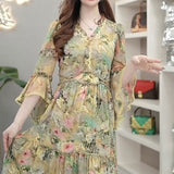 V-Neck Broken Flowers Dresses Summer Vintage Butterfly Sleeve Female Clothing Fashion Ruffles Spliced A-Line Long