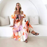 Summer New Temperament Elegant Print Shoulder Holiday Style Sexy Loose Dress