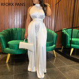 Women Elegant Solid Halter Sleeveless Maxi Formal Party Sexy Satin White Dress-Outfit