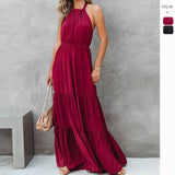 Summer New Temperament Hanging Neck Tie With Broken Folds Spliced Dress