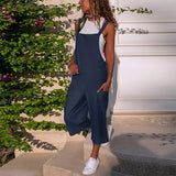 Summer Cotton Linen Playsuit Fashion Sleeveless Wide Leg Dungarees Solid Long Rompers Casual Comfortable Casual