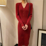 Long Sleeve Dresses Solid Color Sheath V-neck Buttons High Waist Ladies Elegant New Vestidos Knitting Korean Style
