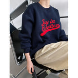 Women's Letter Embroidery Crewneck Oversized Sweatshirt Blue Beige Long Sleeve