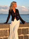 Women Y2K Vintage Retro Lace Floral Tops Ruffled Flare Long Sleeve Tie Front Sheer Slim Crop Cardigan Clubwear TShirt-Outfit