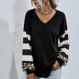 Neck Sweatshirt Women Striped Leopard Stitching Hoodies 2022 Autumn Long Sleeve Top Female Loose Sweatshirts Casual
