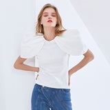 Black Chic T Shirt For Women O Neck Puff Short Sleeve Slim Ruched Casual T Shirts Female Fashion New Style