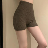 Womens Autumn Winter Skinny Basic Yoga Shorts Solid Color High Waist Knitted Slim Thighs Stretchy Short Pants-Outfit