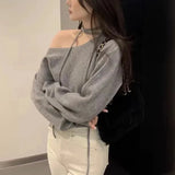 Korean Chic Spring French Temperament Irregular Oblique Collar Open Shoulder Loose Casual Tie Long-Sleeved Sweater Woman-Outfit