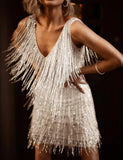 White V-Neck Sleeveless Fringe Mini Club