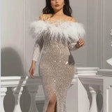 New Women's Ebay Dress Sexy Sprinkling Gold Feathers Open Forked And Hip Banquet Evening