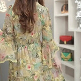 V-Neck Broken Flowers Dresses Summer Vintage Butterfly Sleeve Female Clothing Fashion Ruffles Spliced A-Line Long