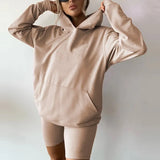 Two Pieces Set Women Autumn Winter Casual Solid Color Hooded Suits Girls Fashion Loose Top Sports Shorts Sets Female