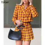 Plaid Skirts Set Women Outfits Two Piece Set Blazer Coats Mini Pleated Skirt High Street Y2K Preppy Style Blazer