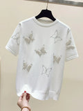 Summer Luxury Design Butterfly Nail Bead Short Sleeve Knit Sweater Korean Fashion Thin Casual Jumper Women Knitwear 2023 618-1-Outfit