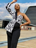 White and Black Print Irregular Blazer with Single