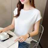 Silk Knitted Women Loose 2025 Summer New Gray Top Collar Thin Short-Sleeved T-Shirt
