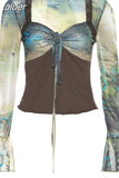 Fairy Grunge Flare Long Sleeve Crop Tops Y2k Style Square Neck Print Mesh Shirts 90s Vintage Aesthetic Clothes
