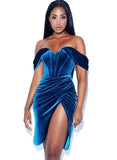 Sexy Off Shoulder Velvet Ruffles Slit