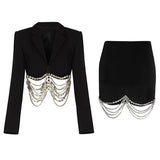 Black Patchwork Chains Two Piece Set Women Notched Long Sleeve Short Blazer High Waist Mini Skirt Women's Suit