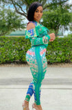Print Green Cut Out Zipper Jacket and Matching Pants Set 703-1-Outfit