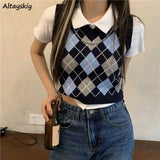 Vests Women Argyle Crops Knitted Feminine Simple V-neck Streetwear Spring Student Preppy Style Chic Leisure Retro