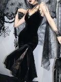 Spaghetti Strap Backless Velvet Woman Long Gothic Cross Dress Black Lace Patchwork Dress Style Maxi Harajuku Emo Partywear-Outfit