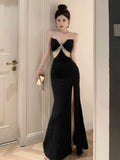 Temperament Dresses Women Sleeveless Split Sexy Slim V Neck Patchwork Split Sexy Dress Ladies Party Backless Chic-Outfit