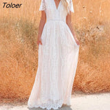 2023 Summer Boho Women Maxi Dress Loose Embroidery White Lace long Tunic Beach Dress Vacation Holiday Women