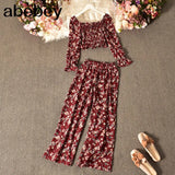 Women Autumn French Print Floral Suits Square Collar Puff Sleeve Short Tops+High Waist Wide Leg Pants Two Pieces