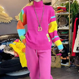 Candy Color Spliced Jumpers Women's Clothing Casual Half High Collar Autumn Winter Chic Letter Patch Designs Sweaters-Outfit