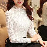 2021 Plus Size Lace Crocheted Hollow Out Top Stand-up Collar White Blouse Woman Sweet Long Sleeve Shirts Blusas