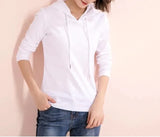 Women's Spring Autumn Solid Drawstring Bandage Hooded Long Sleeved T-shirt Undershirt Fashion Casual Loose Office Lady Tops-Outfit