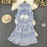 And Autumn Retro Court Style Lotus Leaf Side V-Neck Single Buckle Lantern Sleeves To Close The Waist A Word Print Dress