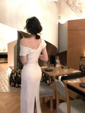 Fashion One Shoulder Folds Ladies Summer Sleeveless Bodycon Dress Elegant Chic Party Evening Wedding Dresses for
