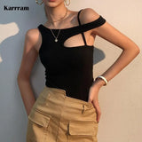 Sexy Irregular Tank Top Women Off Shoulder Black Camisole Slim Designer Clothing Skinny Knitted Ribbed Tops