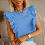 Hollow Out Design Bow Ruffle Women Blouse Plus Size 3XL Solid Pleated Butterfly Sleeve Ladies Blouses Summer