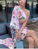 Pink Formal Floral One Shoulder Top and Irregular Skirt Two Piece
