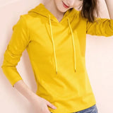 Women's Spring Autumn Solid Drawstring Bandage Hooded Long Sleeved T-shirt Undershirt Fashion Casual Loose Office Lady Tops-Outfit