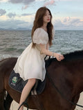 Birthday Korean Beach Style Square Collar Short Puff Sleeve Chiffon Ball Gown Mini Dress for Women Party Summer