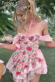 Coquette Floral Chiffon Dress Pink Side Bandage Aesthetic Ruffle Tulle Mini Dresses Boho Sweet Outfit Party Holiday