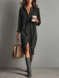 Women's Elegant Workwear Style Pocket Button Velvet Shirt Dress