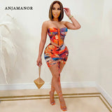 Sexy Two Piece Set Drawstring Ruched Mini Skirts Cropped Corset Top Night Club Party Outfits Mesh Dress Sets