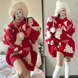 Cartoon Rabbit Knitted Sweaters Autumn Winter Casual O-Neck Loose Commute Women's Clothing Korean Letter Midi