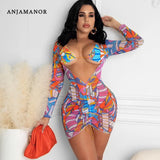 Sheer Mesh Print Long Sleeve Bodycon Dress Women Two Pieces Matching Sets Sexy Beach Outfits Vacation