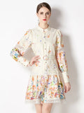 Embroidery Hollow Out Stitching Lace Trims Dress Women Stand Collar Lantern Sleeve Floral Print Belted Mini